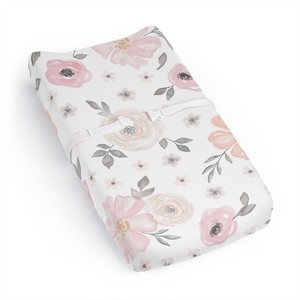 Sweet Jojo Designs Girl Changing Pad Sheet Watercolor Floral Pink and Grey - 1 of 4