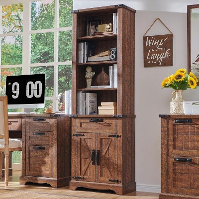 Farmhouse Bookshelf with Storage Cabinet, 72" Tall Bookcase with Drawer and Barn Door for Office Library, Living Room