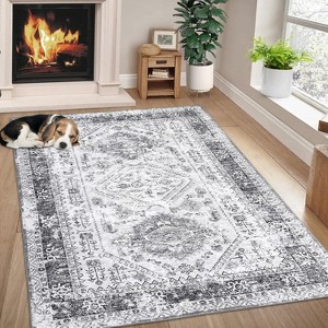 Boho Chic Washable Area Rug - Ultra-Thin Non-Slip Low Profile Indoor Carpet with Oriental Distressed Pattern for Bedroom Nursery Entryway - 1 of 4