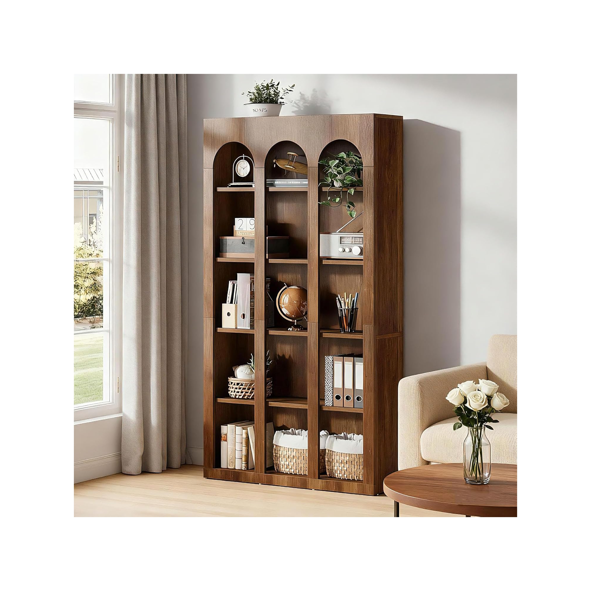 Lantine 70.87-Inch 5-Tier Farmhouse Arched Bookshelf, Mid Century Modern Open Shelves Tall Bookcase for Home Office, Rustic Brown