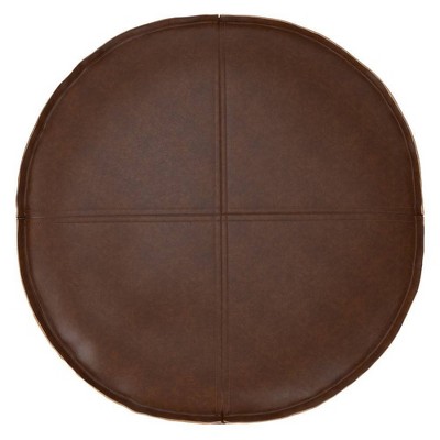 Brody Distressed Dark Brown Faux Leather Round Pouf, 20"