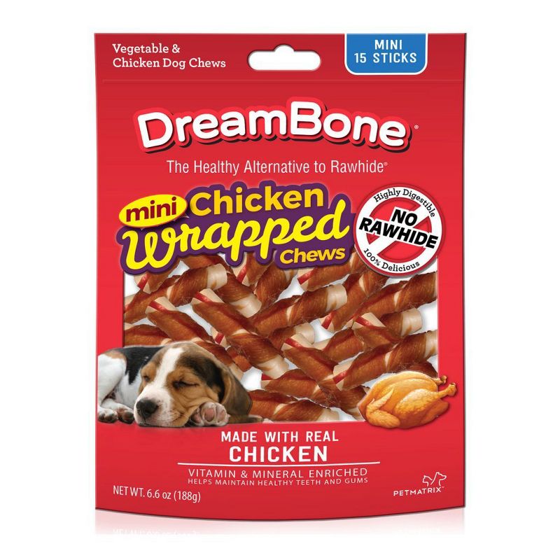 DreamBone Rawhide Free Dog Chews Mini Real Chicken Wrapped Sticks with Vegetable Chews Dog Treats - 15pk, 1 of 5