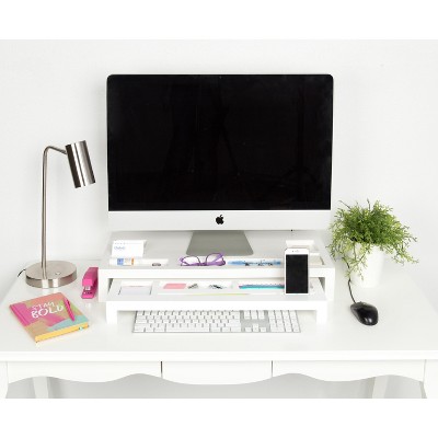 White Wood Desktop Organizer Monitor Stand with Storage Slots