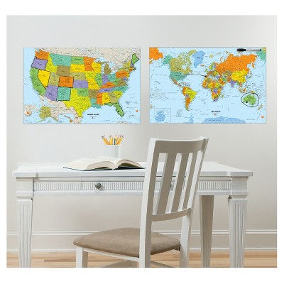 Multicolor Dry Erase US and World Map Decal Set with Marker
