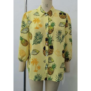 Nlife Women Pineapple Printed Lapel Collar Half Sleeves Buttons Down Blouse Shirt - 1 of 2