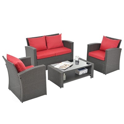 Maggift 4PCS Patio Seating Rattan Furniture Set Sectional Sofa Cushioned Garden, Tempered Glass Table, Red, 45.25"*25.75"*29.75"