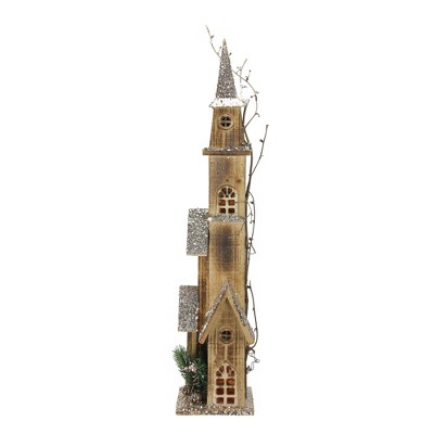 Northlight 27.75" Brown and Silver LED Lighted Tall Rustic Church Christmas Tabletop Decor