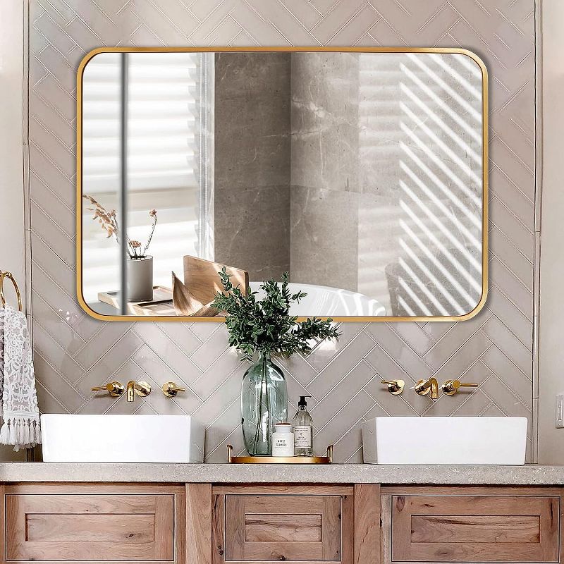 Serio 22" x 30" Brushed Metal Framed Rounded Corner Rectangular Vanity Mount Decorative Bathroom Vanity Mirrors-The Pop Home, 2 of 9