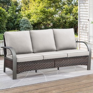 Buenhomino High Back Outdoor Wicker Patio Sofa, All Weather Wicker Furniture 3-Seater Sofa Patio Couch for Porch - 1 of 4