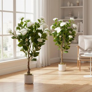 EcoSummer 2 Pack 2.8FT Artificial Camellia Tree with White Flowers, Faux Plant in Pot for Home Office Decor - 1 of 4
