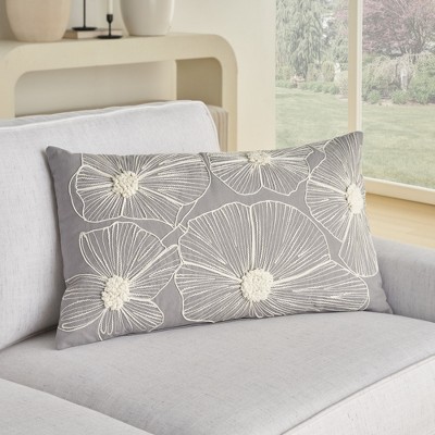 Gray Cotton Embroidered Floral Throw Pillow Cover 14" x 24"