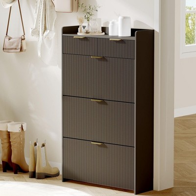 Modern Fluted Shoe Cabinet with 3 Flip Drawers, Slim Shoe Storage Organizer with 2 Drawers