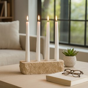 Live Edge Travertine Candle Holder - Simple 4-Taper Stone Candle Holder for Dining Table Centerpieces, Entryway, or Livng Room Decor - 3.25", Tan - 1 of 4