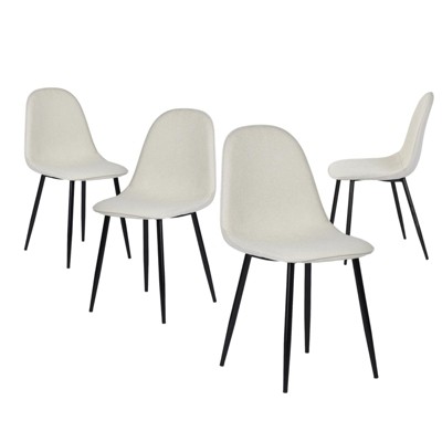 Four beige upholstered dining chairs with black legs grouping