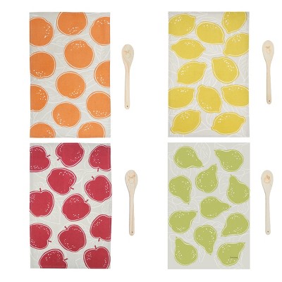 C&F Home 4-Style Orange, Apples, Pears and Lemons Themed Fruit Dishtowel Guest Towels Paired with Spoon, Assortment of 8