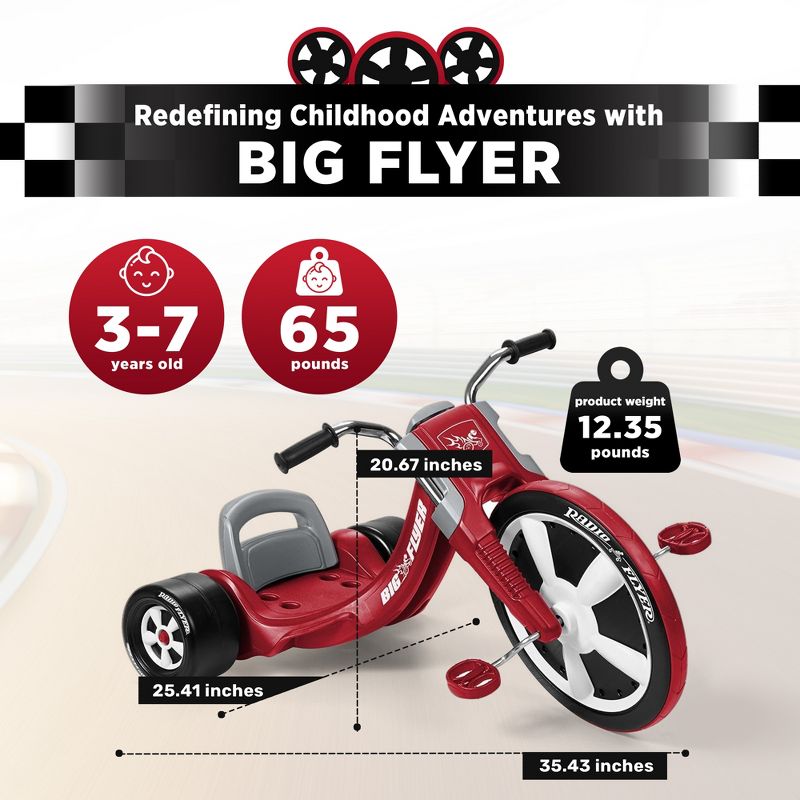 Radio Flyer Deluxe Big Flyer 16 Inch Big Front Wheel Chopper Style Tricycle with Adjustable Seat Recommended for Ages 3 to 7, Red, 3 of 7