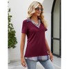 Women's Short Sleeve V-Neck Contrast Collared Shirts Patchwork Work Blouse Tunics Tops - 3 of 4