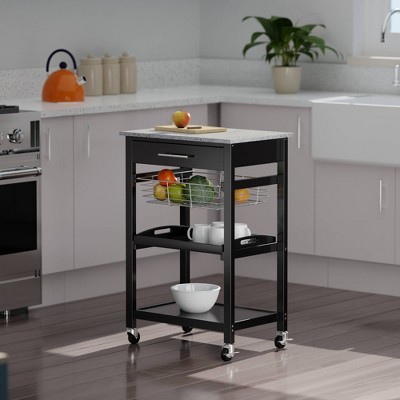 Transitional Julia Granite Top Black Kitchen Cart with Storage