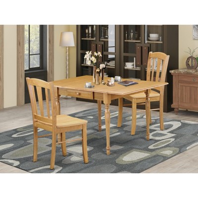 East West Furniture 3Pc Dining Table Set Consists of a Dining Room Table and 2 Modern Dining Chairs Drop Leaf Table with Panel Back Chairs, Oak
