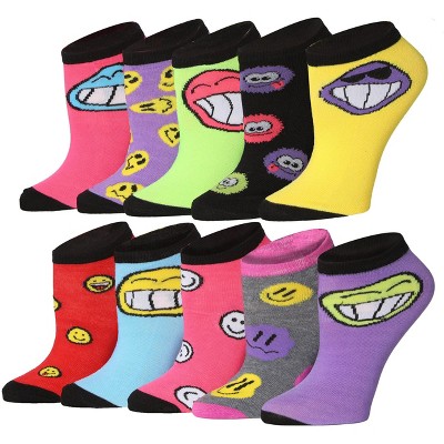 Tipi Toe Women's 10 Pairs Smiling Emotions Faces Pattern & Mix Colors For Vibrant Style Low Cut/No Show Socks