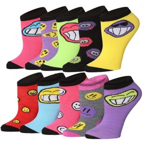 Tipi Toe Women's 10 Pairs Smiling Emotions Faces Pattern & Mix Colors For Vibrant Style Low Cut/No Show Socks - 1 of 4