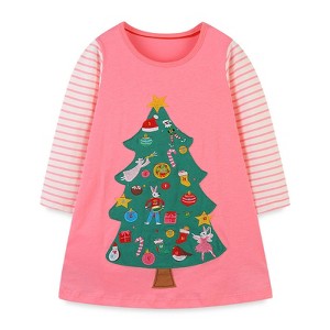 MyKids-Usa Baby Girl Cartoon Christmas Tree Pattern Striped Sleeve Design Princess Dress - 1 of 4
