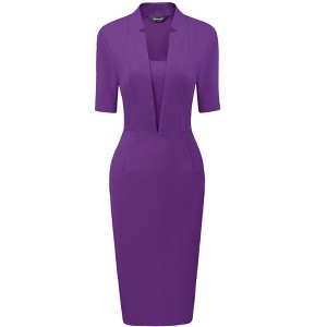 Allegra K Women's V Neck Short Sleeve Work Office Bodycon Midi Sheath Dress - 1 of 4