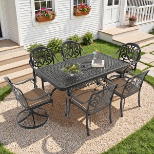 7-Piece Cast Aluminum Patio Dining Set with Rectangle Table, 2 swivel chairs and 4 fixed dining chairs, Brown Cushions and Umbrella Hole - 1 of 4