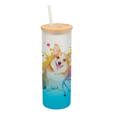 100 North 25 Ounce Frosted Glass Gradient Travel Tumbler With Straw & Wooden Lid, Corgi Dog Paint Splatter Sky Blue