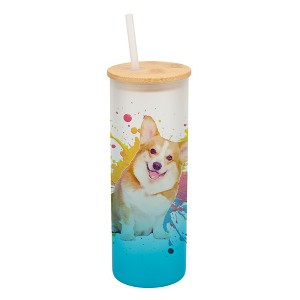 100 North 25 Ounce Frosted Glass Gradient Travel Tumbler With Straw & Wooden Lid, Corgi Dog Paint Splatter Sky Blue - 1 of 4