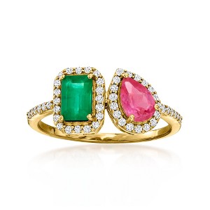 Ross-Simons 0.60 Carat Emerald and .50 Carat Pink Sapphire Toi Et Moi Ring With .26 ct. t.w. Diamonds in 14kt Yellow Gold - 1 of 4