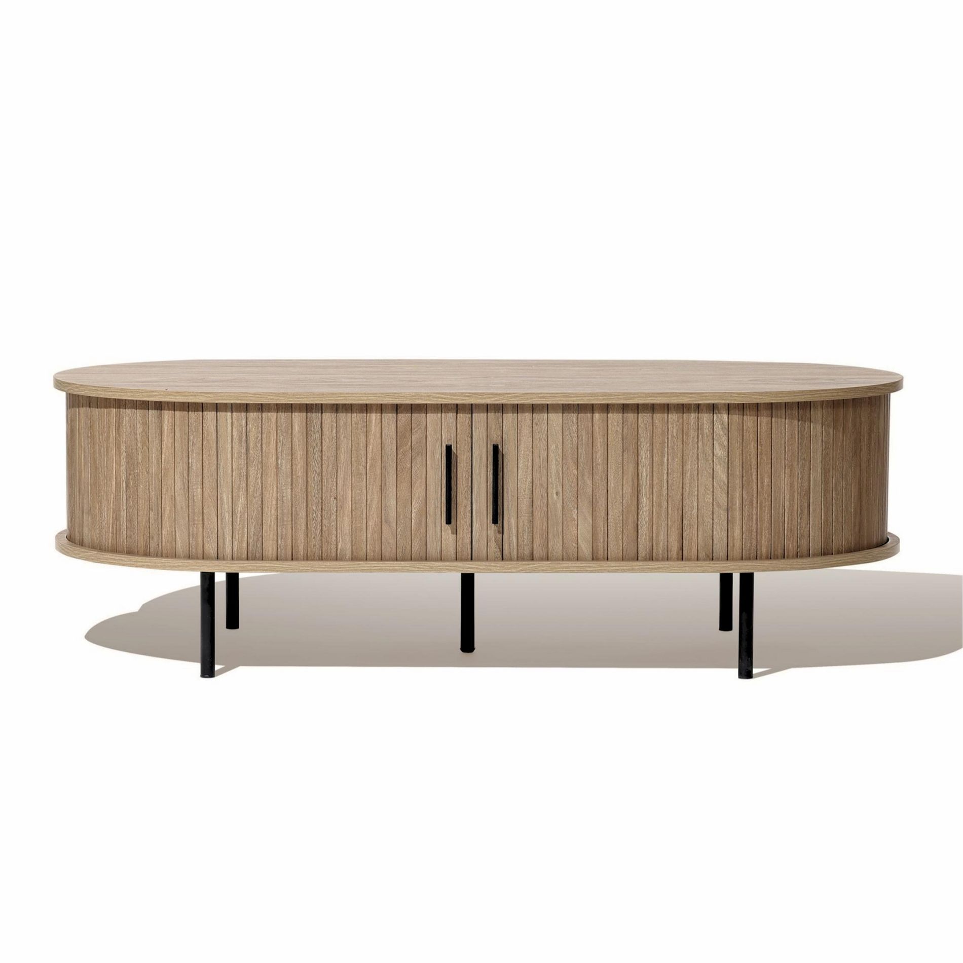 LuxenHome Oval Coffee Table with Storage, 47" Mid Century Modern Fluted Storage Center Table with Sliding Door for Home, Living Room,Office Brown