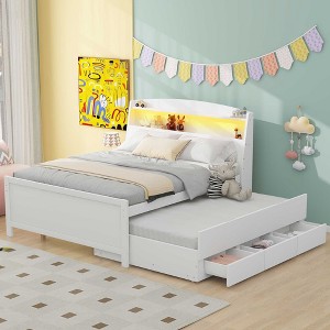 PAGED Full Size Platform Bed Modern Wooden Bed Frame with Twin Size Trundle and Pull Out 4-Layer Shelves for Bedroom - 1 of 4