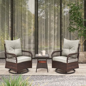 EROMMY 3 Pieces Patio Swivel Rocker Rattan Chairs, Outdoor Swivel Rocking Chairs With 1 Rattan Coffee Table, 360 Degree Swivel Patio Chairs For Lawn - 1 of 4