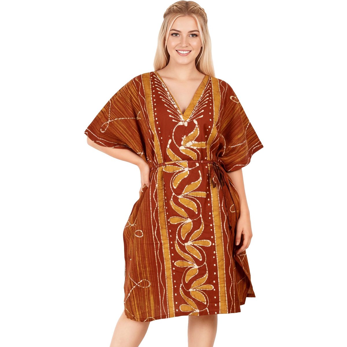 LA LEELA Summer Cotton Cruise Caftan Dress for Women Resortwear Vacation Holiday Pregnancy Wear Relaxed Beachwear Style 2X-3X Red Floral