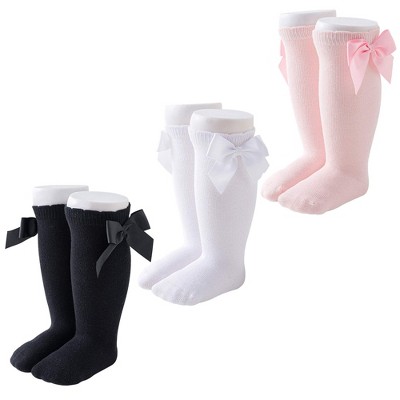 Cozyway Baby & Toddler Knee High Bow Socks, 3 Pack for Girls, White/Black/Pink, 0-9 Months Old