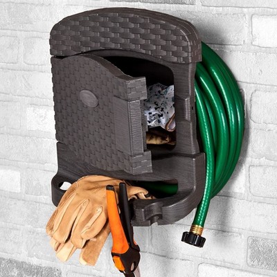 Dark Brown Polypropylene Garden Hose Reel Hanger with Storage