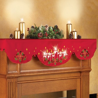 Festive Red Polyester Christmas Mantel Scarf with LED Candles
