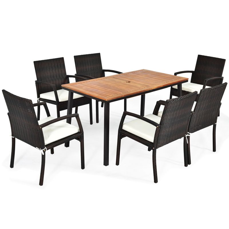 Tangkula 7PCS Patio Rattan Furniture Dining Set Wooden Table Cushioned Chair, 1 of 9