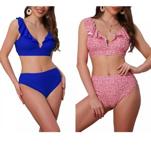 INSPIRE CHIC Women's Ruffle Trim V Neck Wide Strap Drawstring Tie Back Top Triangle Bottom Bikini Sets 2 Sets - 1 of 4