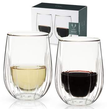 Viski Insulated Wine Glasses - Double Walled Wine Glass Set with Cut Crystal Design - Dishwasher Safe Borosilicate Glass 13oz Set of 2