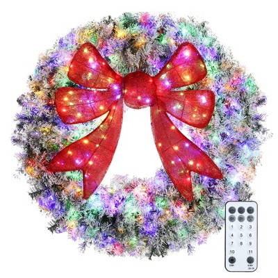 HOMCOM 48in Flocked Pre-Lit Christmas Wreath with 3D Red Bow, Christmas Wreath for Front Door with 11 Lighting Modes, 200 LED Lights