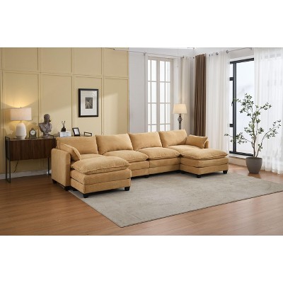 Hyleory Corduroy U-Shaped Sectional Sofa, 4-Seater Couch with 2 Movable Ottomans, Modular Living Room Furniture
