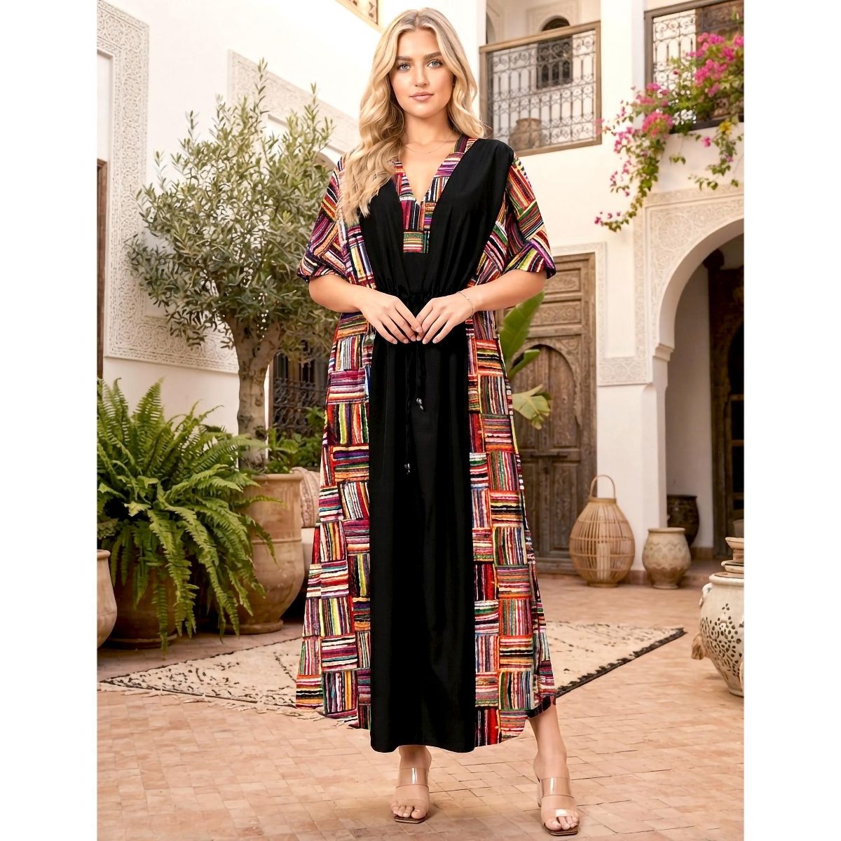 LA LEELA Summer Rayon Blend Women Vacation Caftan Dress Holiday Resortwear Cruise Pregnancy Wear Comfortable Lounge Outfit 2X-3X Red Stripe - thumbnail 3