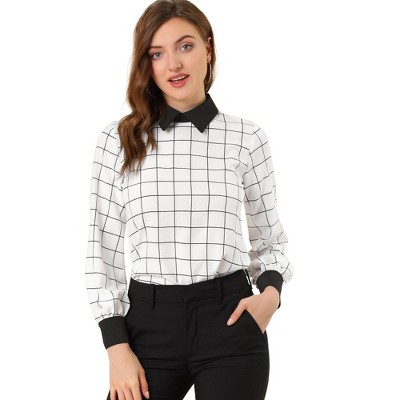 Allegra K Women's Contrast Turndown Collar Button Back Check Plaid Work Shirt