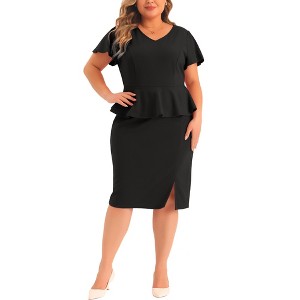 Agnes Orinda Women's Plus Size Short Ruffles Sleeve Work V Neck Pencil Vintage Peplum Bodycon Dress - 1 of 4