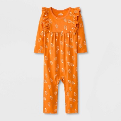Baby Girls' Pumpkin Ruffle Pants Romper - Cat & Jack™ Orange 0-3M