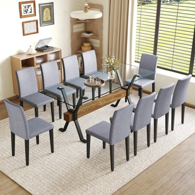 11-Piece Dining Set with Glass Table and 10 Armless Chairs