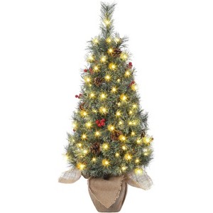 COZONY 3FT Pre-Lit Mini Christmas Tree with 78 LED Lights & Timer – Nordic Artificial Spruce, Pinecones & Berries, Burlap Bag Base - 1 of 4