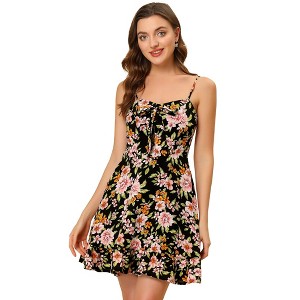 Allegra K Women's Floral Ruffle Bow Knot Lemon Spaghetti Strap Mini Sundress - 1 of 4